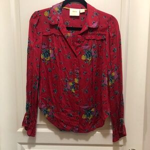 Maeve Anthropologie Womens ruffle sleeve red floral bird blouse size 14